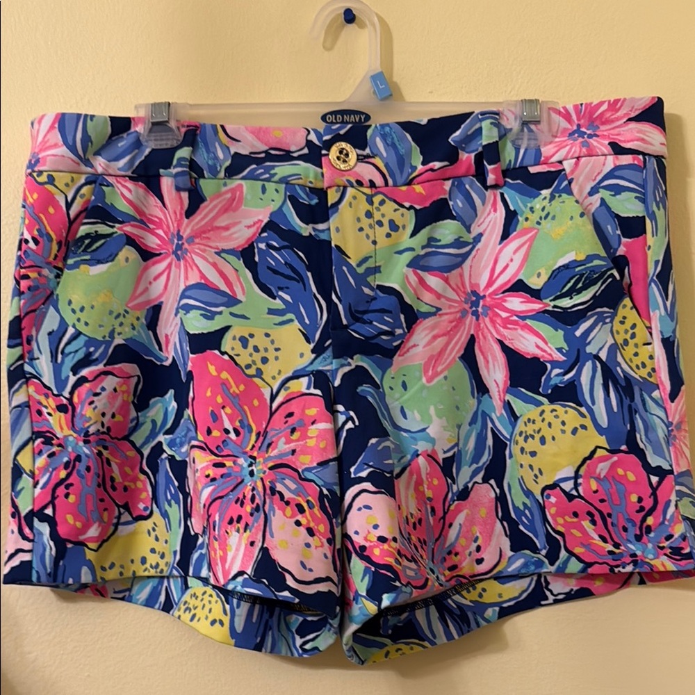 Lilly Pulitzer Pink and Blue Bermuda Shorts Vibrant Floral Design